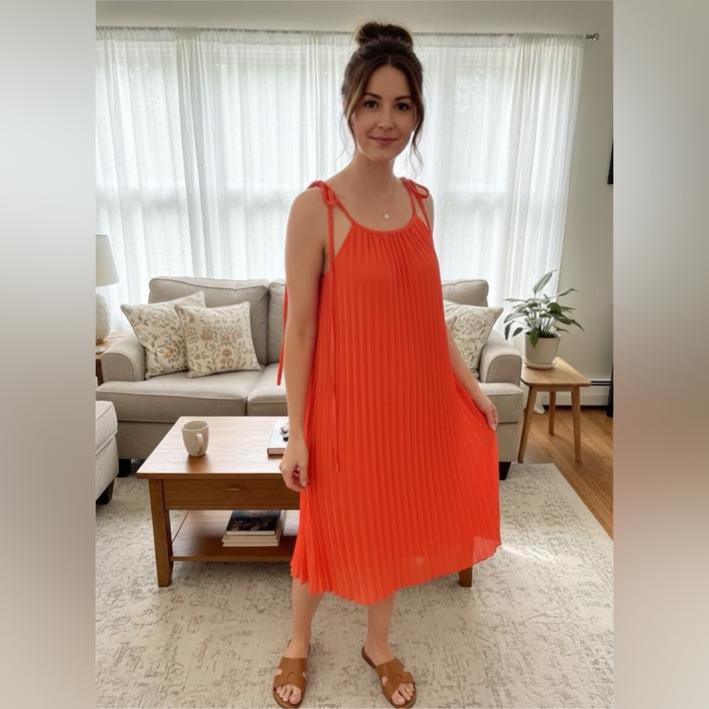Chic Orange Pleated Midi Dress